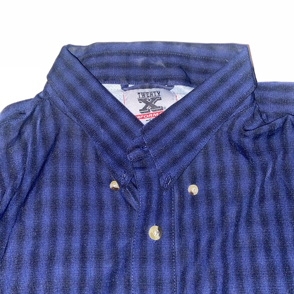 Twenty X Performance XXL blue and black striped button down shirt.